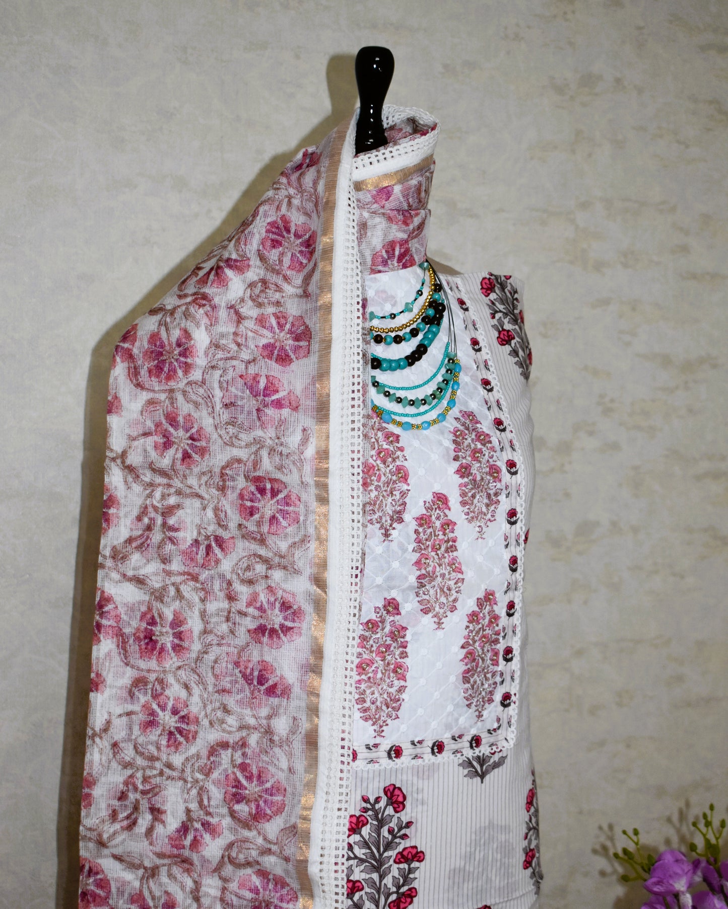 Hand Block Printed Cotton Suit with Elegant Neckwork and Printed Kota Doria Dupatta