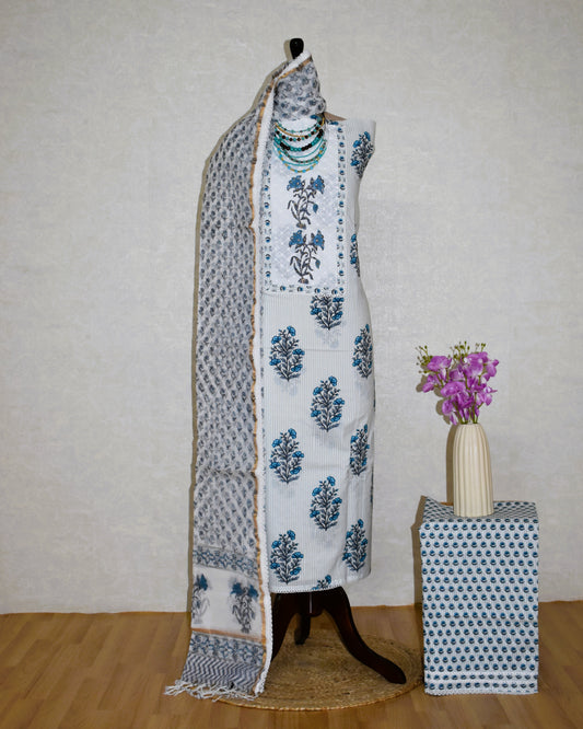 Hand Block Printed Cotton Suit with Elegant Neckwork and Printed Kota Doria Dupatta