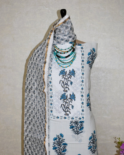 Hand Block Printed Cotton Suit with Elegant Neckwork and Printed Kota Doria Dupatta