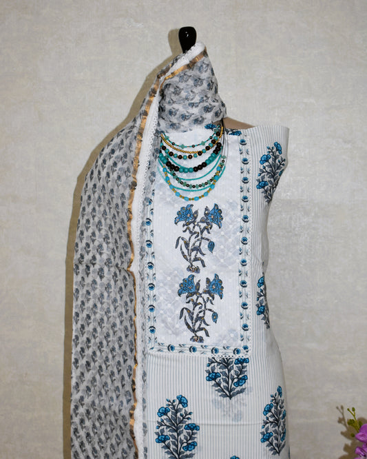 Hand Block Printed Cotton Suit with Elegant Neckwork and Printed Kota Doria Dupatta