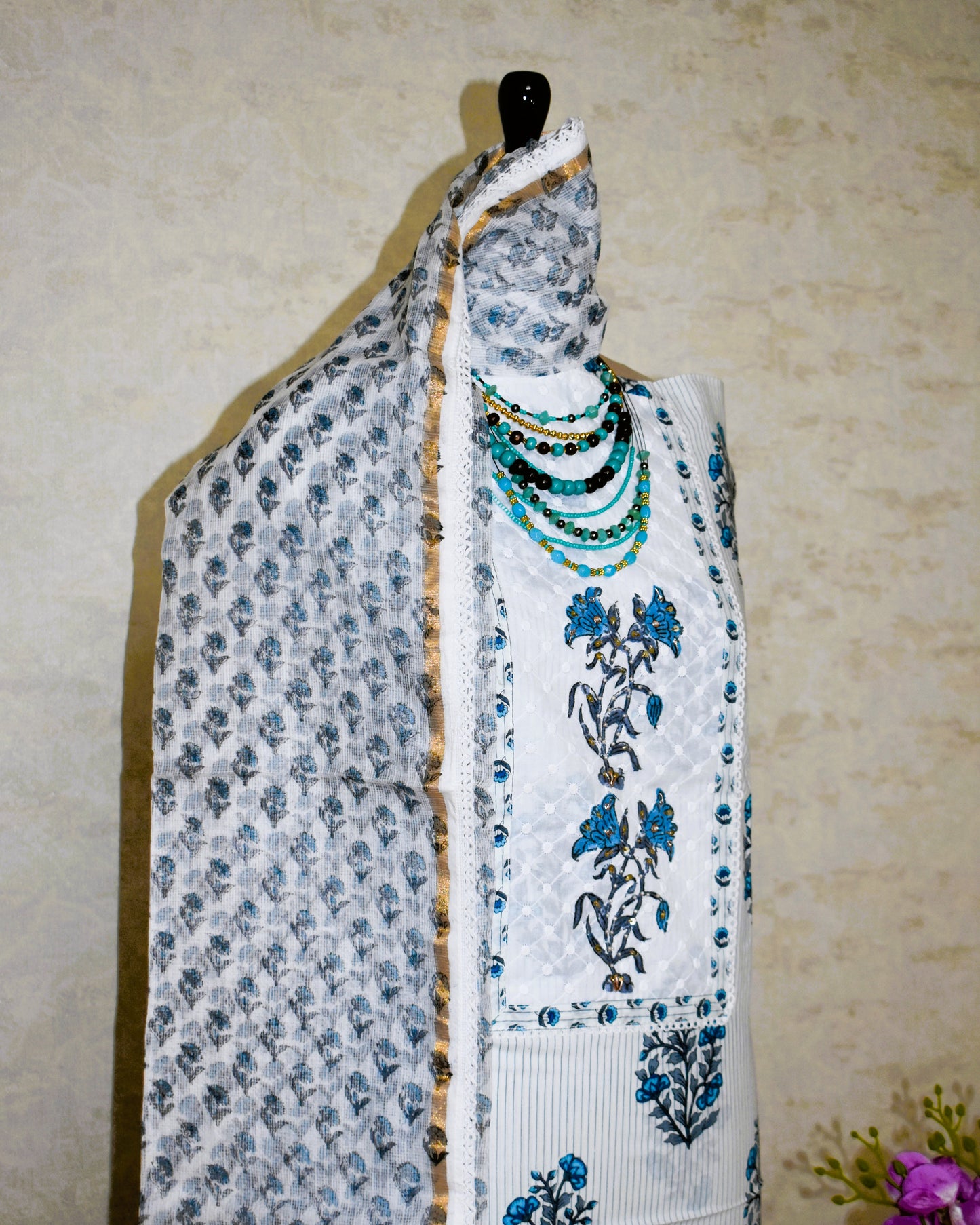 Hand Block Printed Cotton Suit with Elegant Neckwork and Printed Kota Doria Dupatta