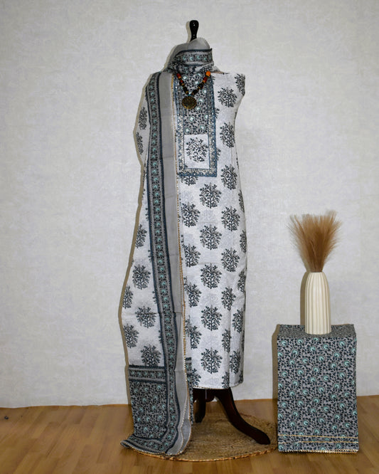 Hand Block Printed Cotton Suit with Elegant Neckwork and Soft Malmal Dupatta