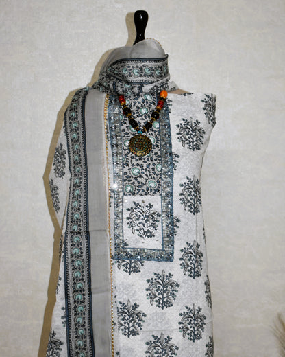 Hand Block Printed Cotton Suit with Elegant Neckwork and Soft Malmal Dupatta