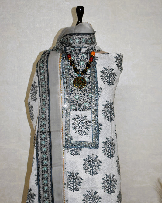 Hand Block Printed Cotton Suit with Elegant Neckwork and Soft Malmal Dupatta