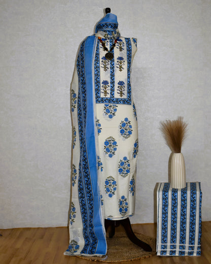 Hand Block Printed Cotton Suit with Elegant Neckwork and Soft Malmal Dupatta