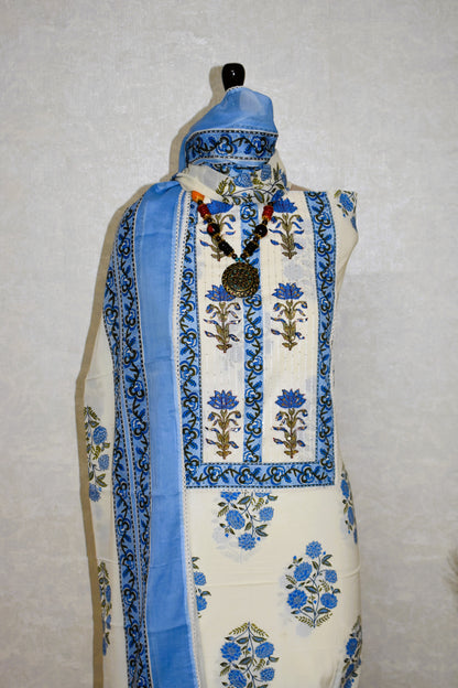 Hand Block Printed Cotton Suit with Elegant Neckwork and Soft Malmal Dupatta