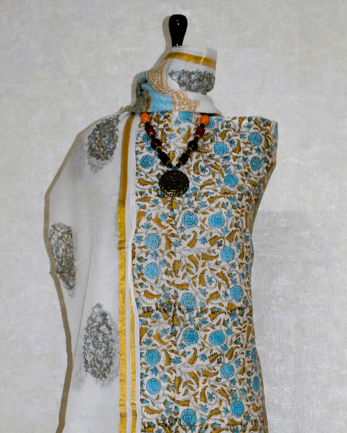 All-over Hand Block Printed Cotton Suit With Kota Doria  Dupatta