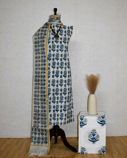 Blue Linear Hand Block Printed Cotton Suit With Kota Doria  Dupatta