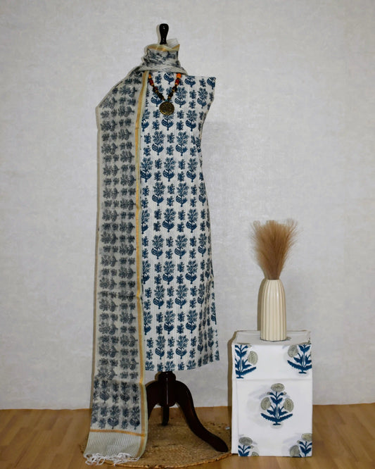 Blue Linear Hand Block Printed Cotton Suit With Kota Doria  Dupatta