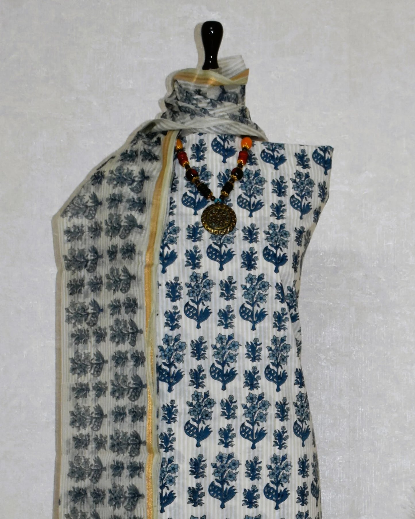 Blue Linear Hand Block Printed Cotton Suit With Kota Doria  Dupatta