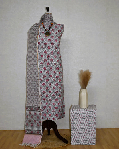 Ogee Floral Hand Block Printed Cotton Suit With Kota Doria  Dupatta