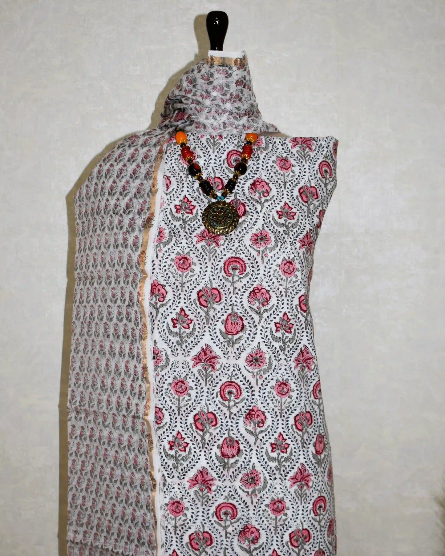 Ogee Floral Hand Block Printed Cotton Suit With Kota Doria  Dupatta