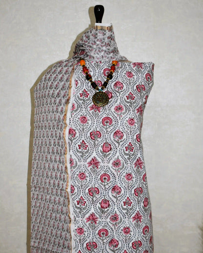 Ogee Floral Hand Block Printed Cotton Suit With Kota Doria  Dupatta