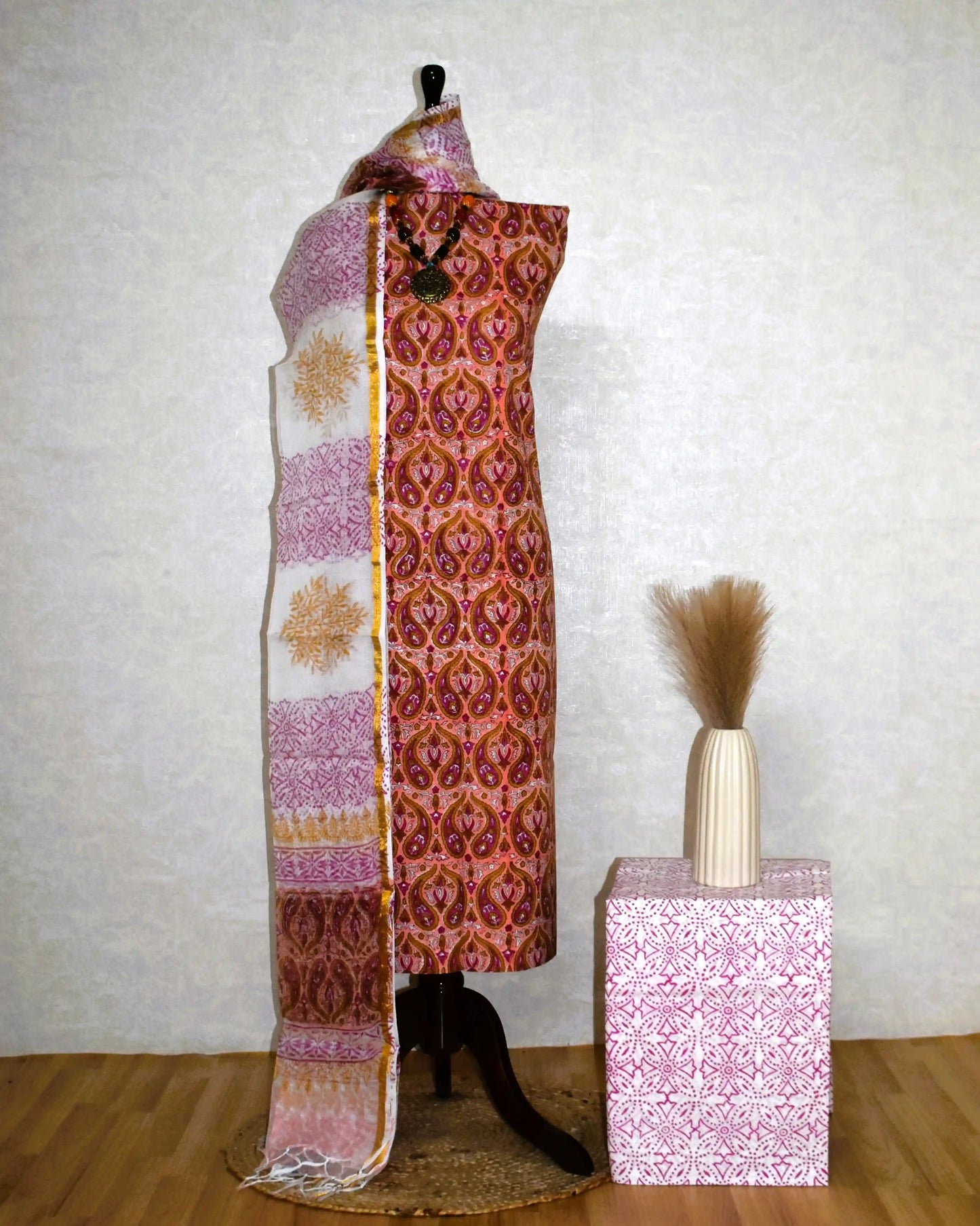 Pink Paisley Hand Block Printed Cotton Suit With Kota Doria  Dupatta
