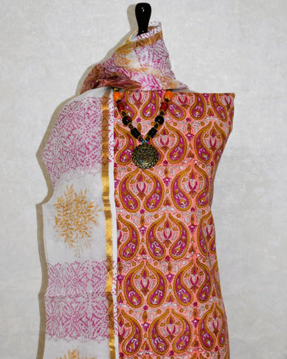 Pink Paisley Hand Block Printed Cotton Suit With Kota Doria  Dupatta
