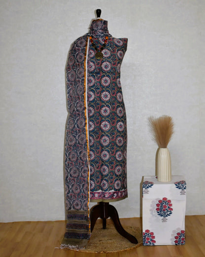 All-over Floral Hand Block Printed Cotton Suit With Kota Doria  Dupatta