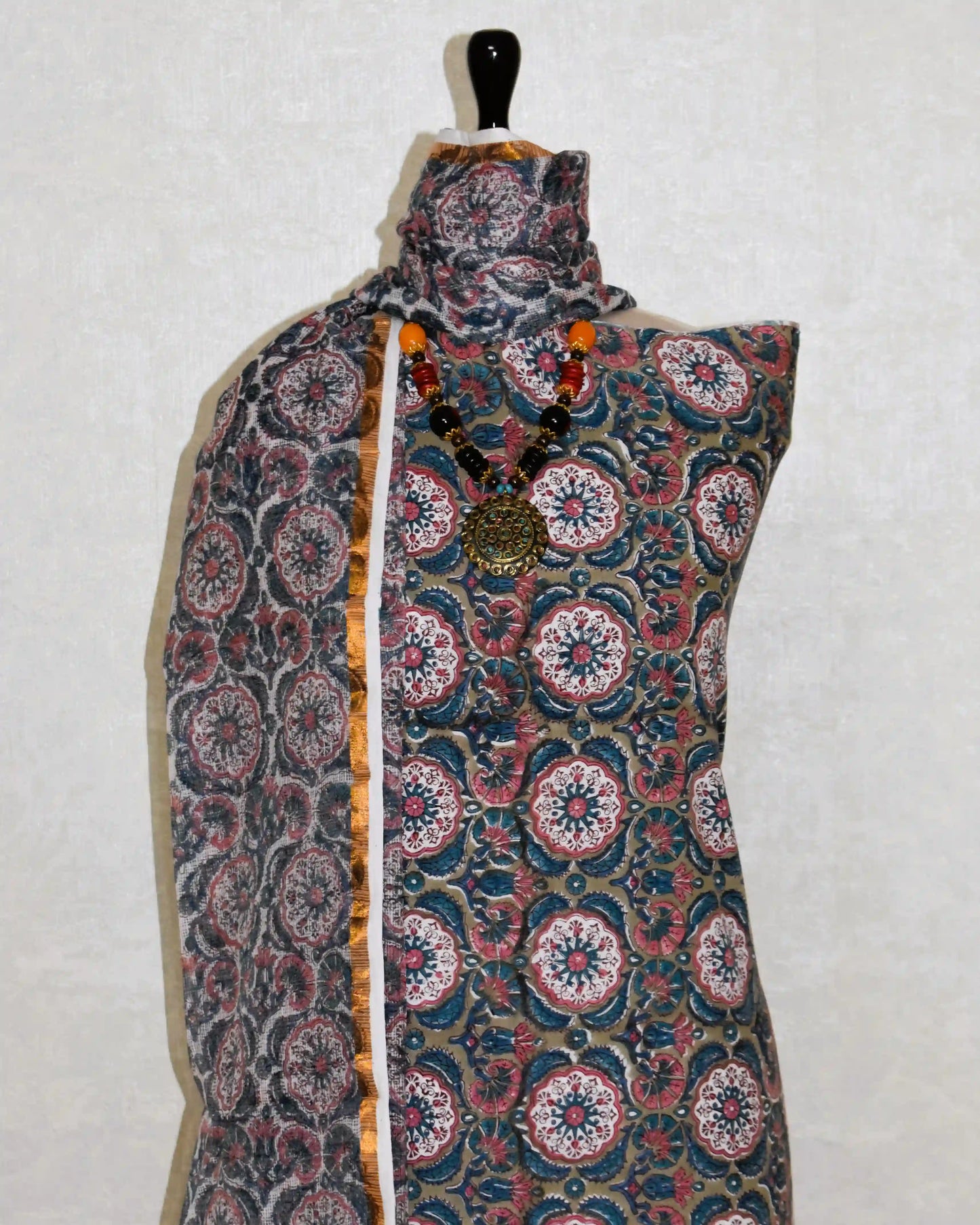 All-over Floral Hand Block Printed Cotton Suit With Kota Doria  Dupatta