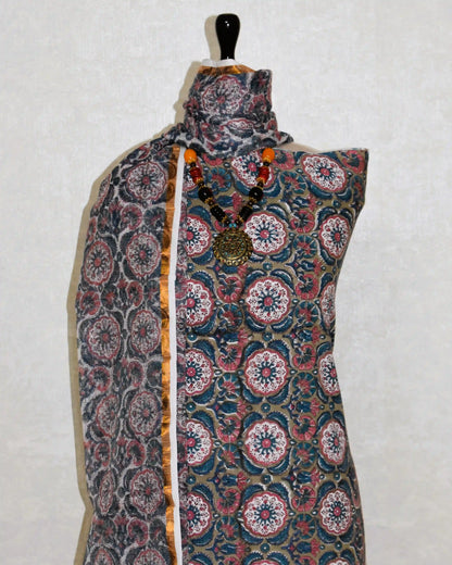 All-over Floral Hand Block Printed Cotton Suit With Kota Doria  Dupatta