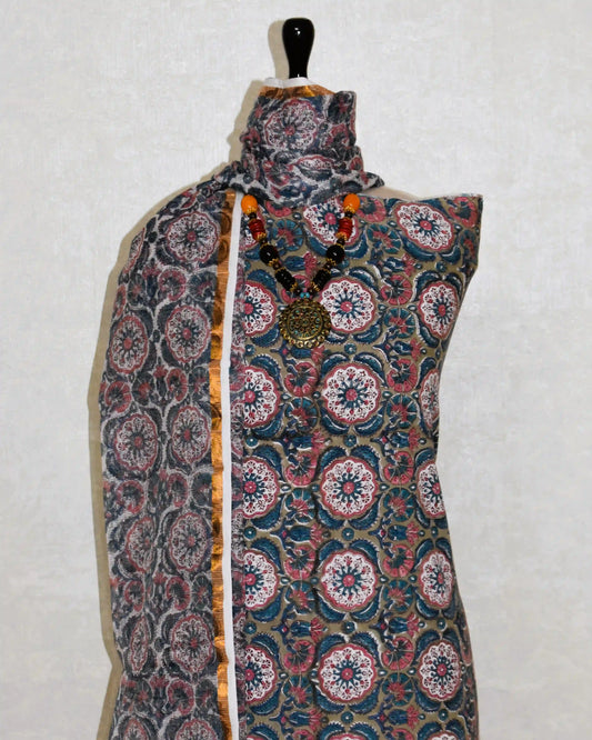 All-over Floral Hand Block Printed Cotton Suit With Kota Doria  Dupatta