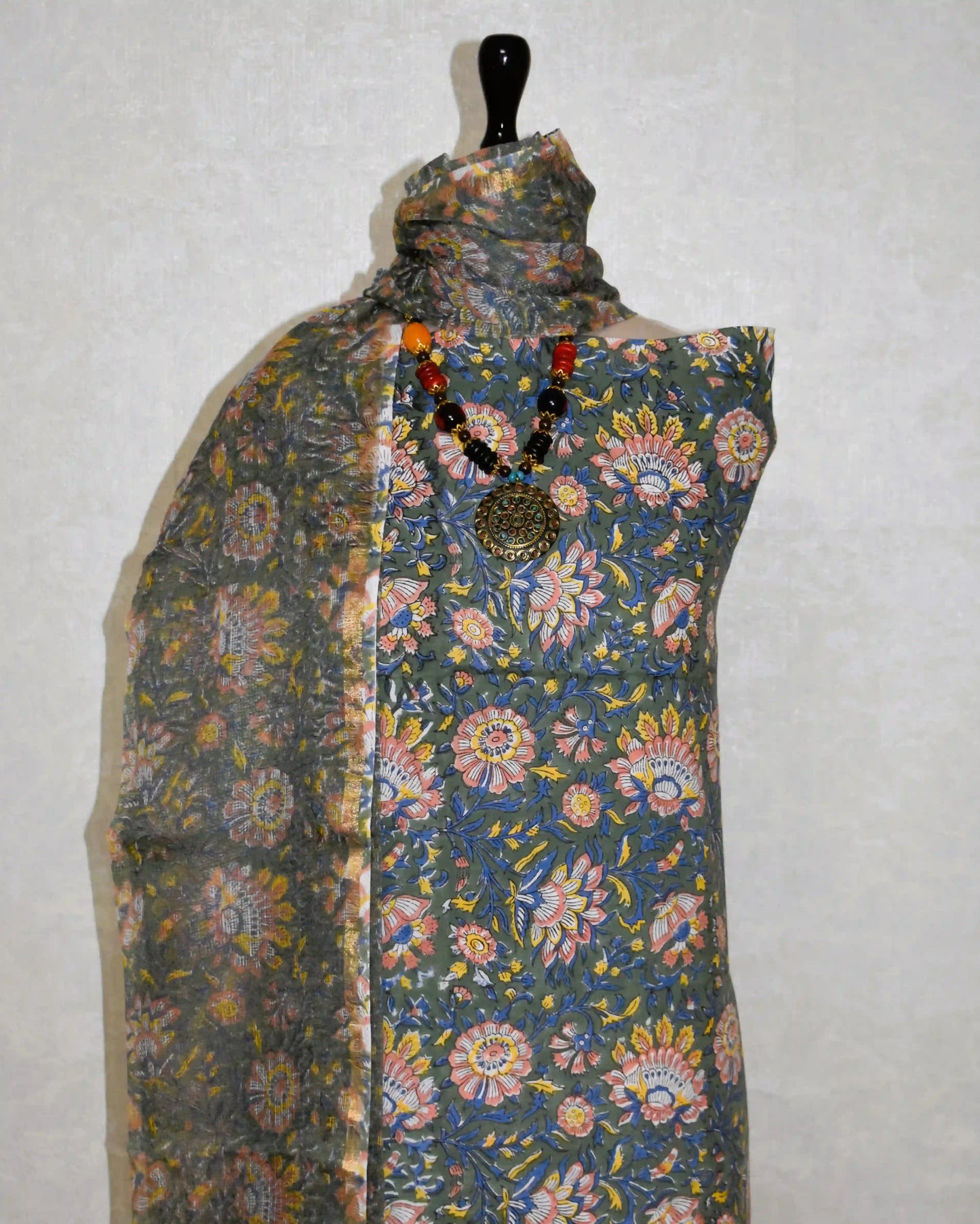 All-over Floral Hand Block Printed Cotton Suit With Kota Doria  Dupatta