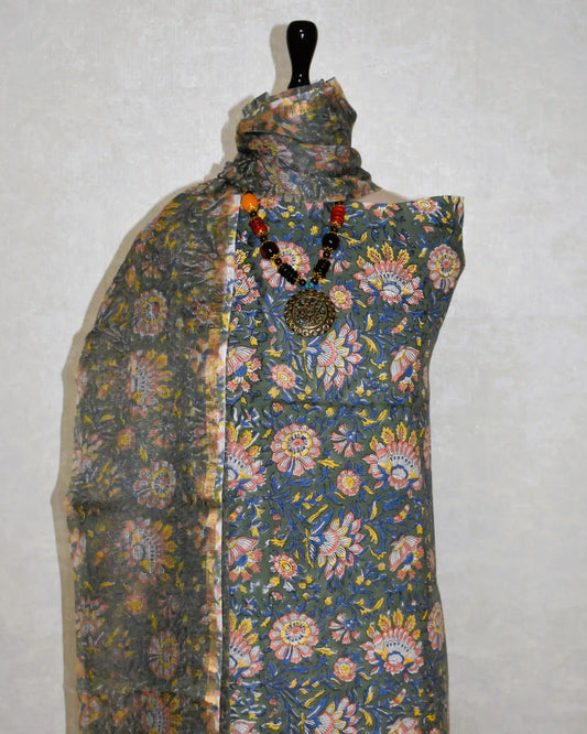 All-over Floral Hand Block Printed Cotton Suit With Kota Doria  Dupatta