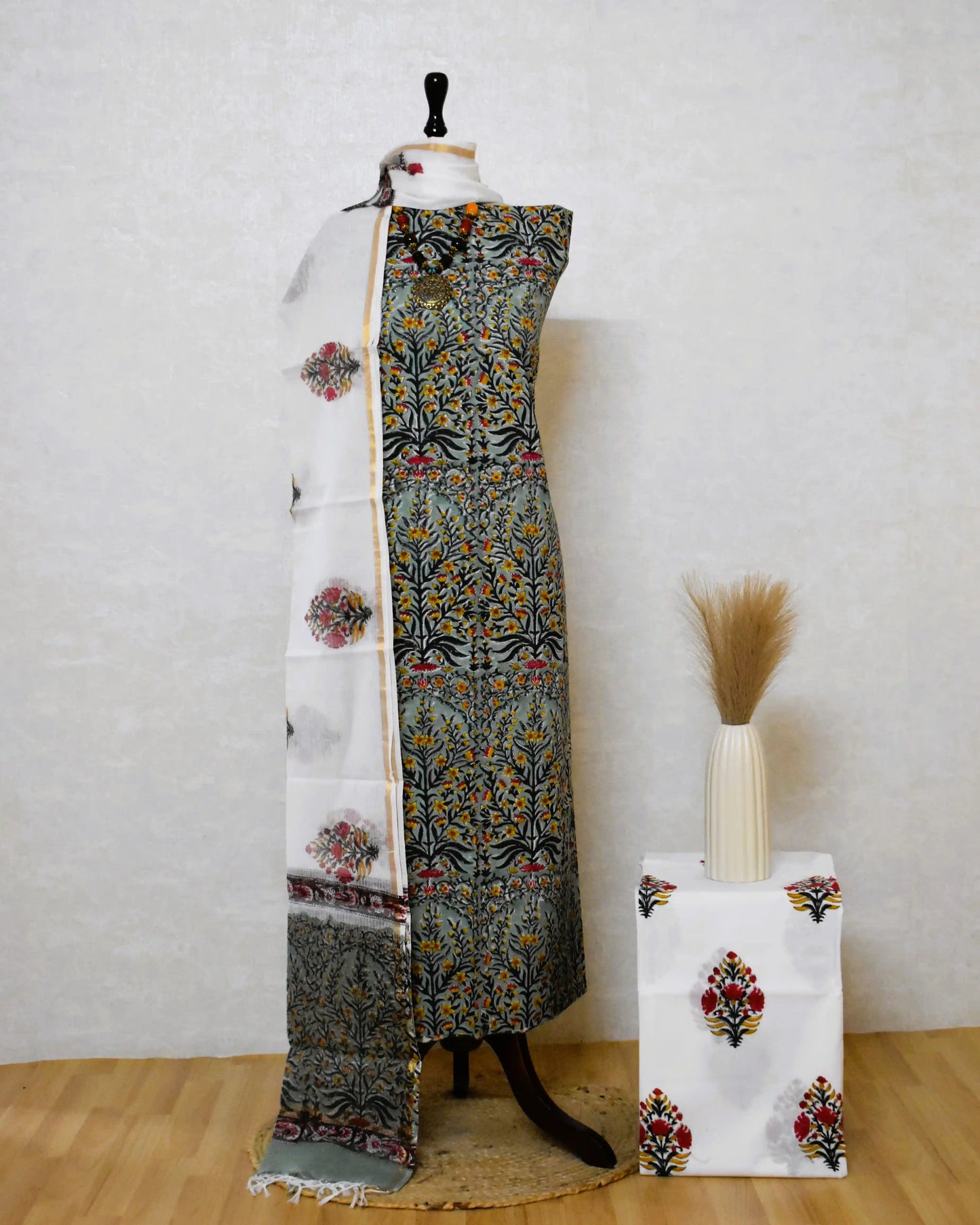 All-over Floral Hand Block Printed Cotton Suit With Kota Doria  Dupatta