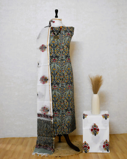 All-over Floral Hand Block Printed Cotton Suit With Kota Doria  Dupatta