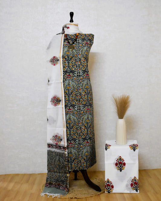 All-over Floral Hand Block Printed Cotton Suit With Kota Doria  Dupatta