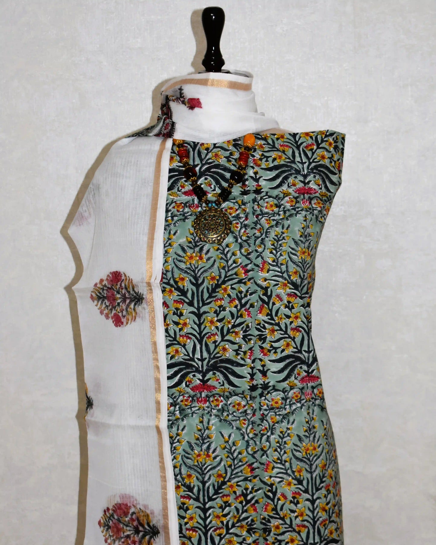All-over Floral Hand Block Printed Cotton Suit With Kota Doria  Dupatta