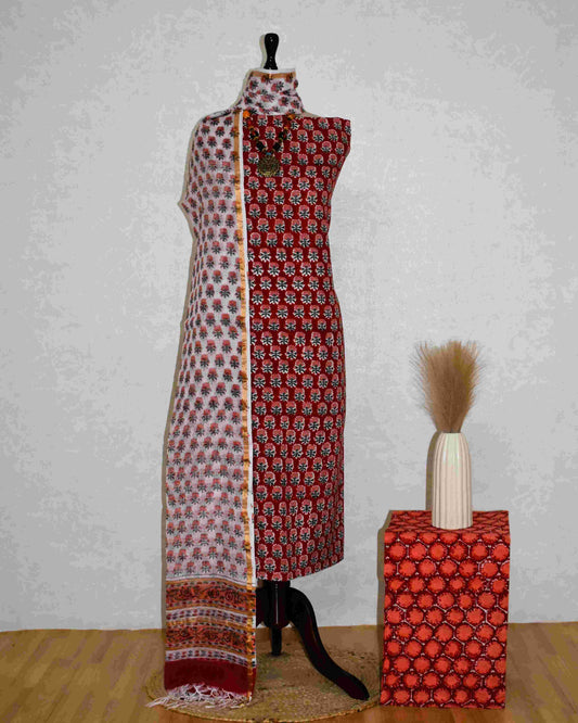 All-over Floral Buti Hand Block Printed Cotton Suit With Kota Doria  Dupatta