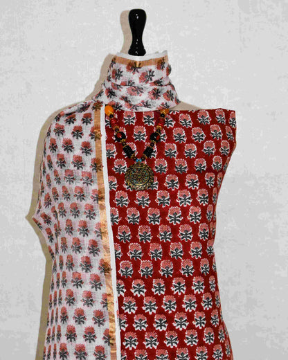 All-over Floral Buti Hand Block Printed Cotton Suit With Kota Doria  Dupatta