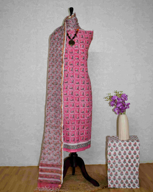 Chequered Pink Floral Hand Block Printed Cotton Suit With Kota Doria Dupatta
