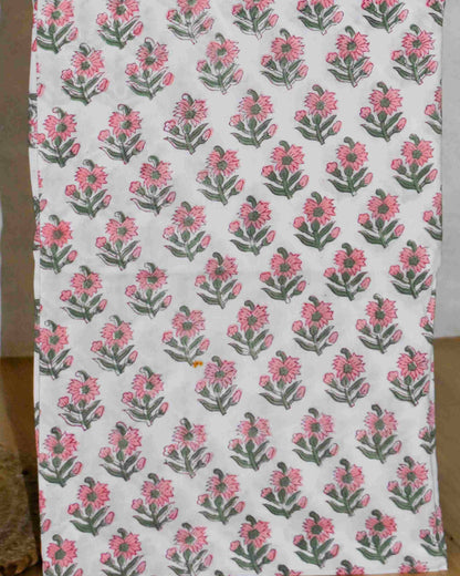 Chequered Pink Floral Hand Block Printed Cotton Suit With Kota Doria Dupatta