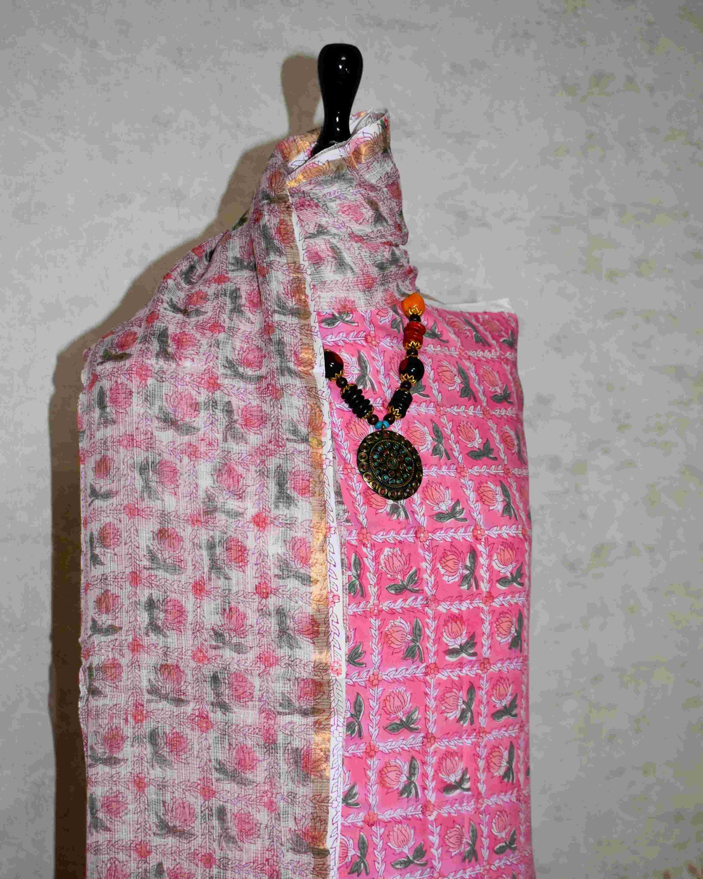 Chequered Pink Floral Hand Block Printed Cotton Suit With Kota Doria Dupatta
