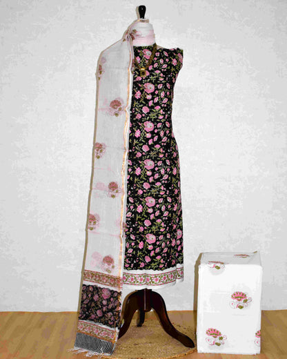 Black All-over Floral Hand Block Printed Cotton Suit With Kota Doria Dupatta