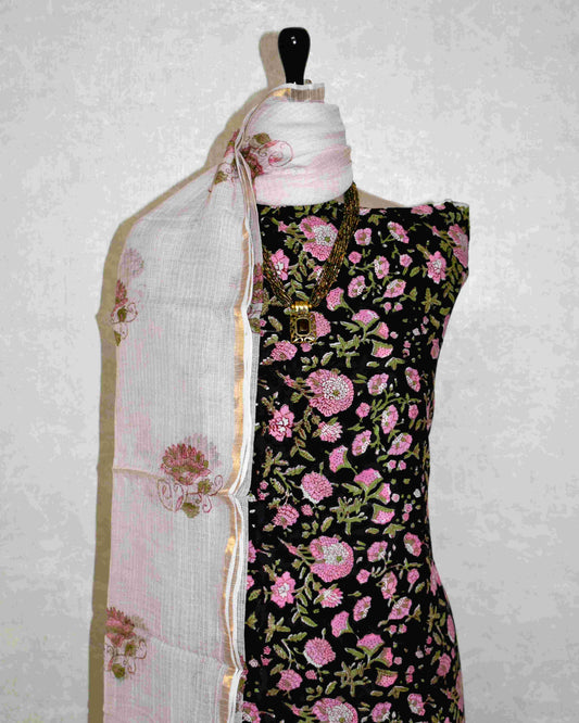 Black All-over Floral Hand Block Printed Cotton Suit With Kota Doria Dupatta