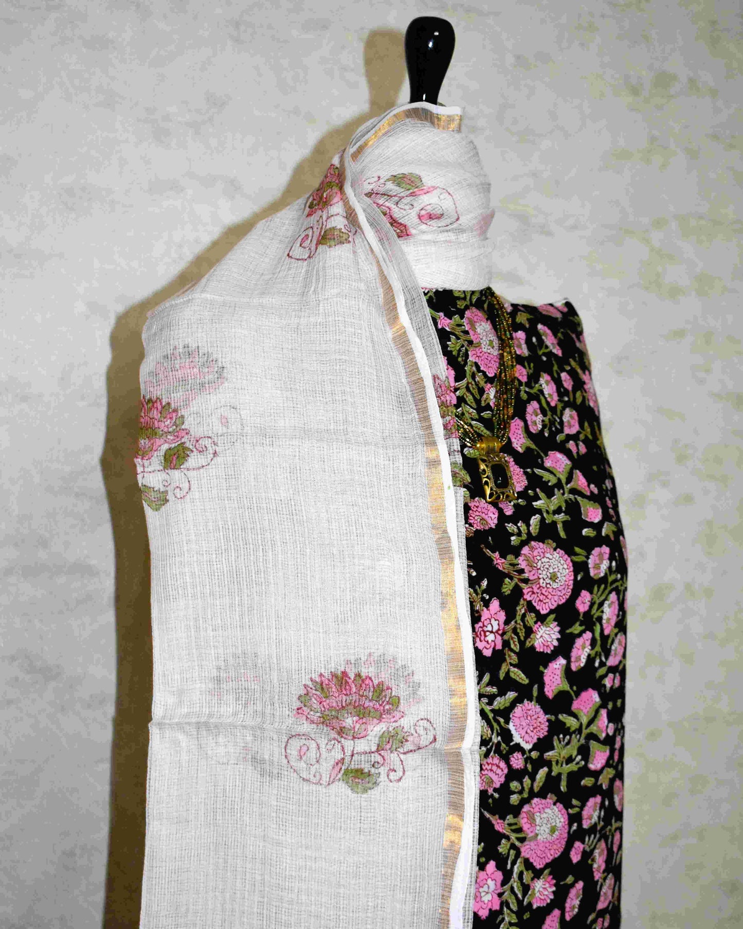 Black All-over Floral Hand Block Printed Cotton Suit With Kota Doria Dupatta