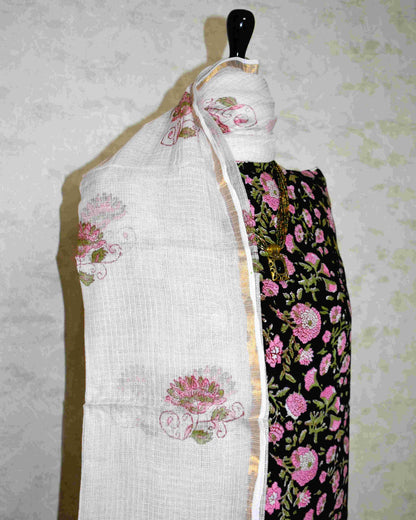 Black All-over Floral Hand Block Printed Cotton Suit With Kota Doria Dupatta