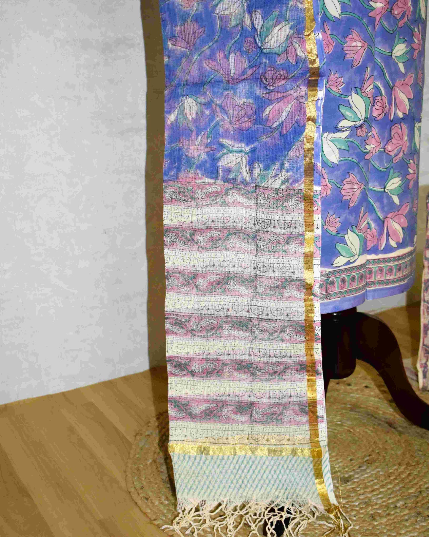 Blue-Purple Floral Hand Block Printed Cotton Suit With Kota Doria Dupatta