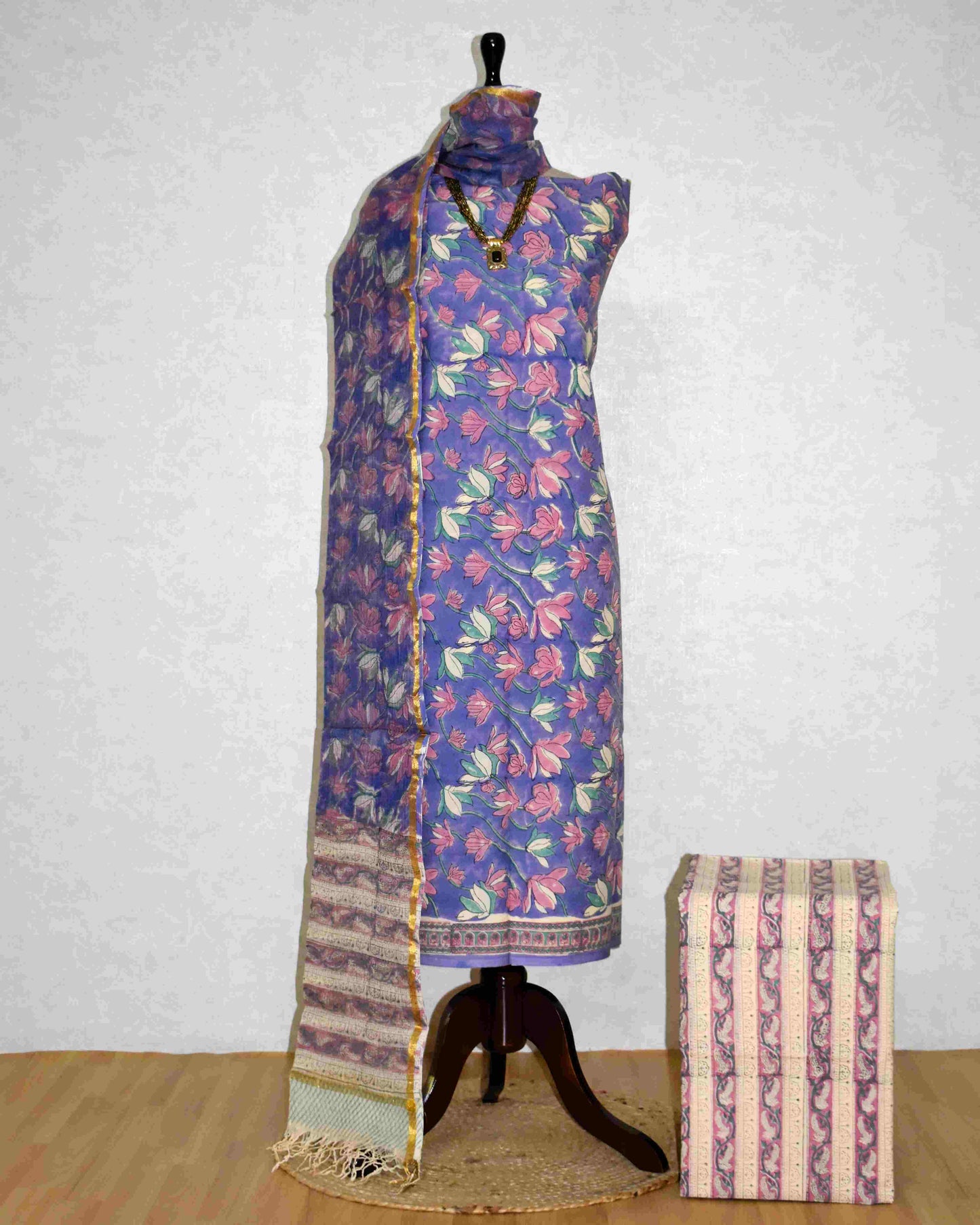 Blue-Purple Floral Hand Block Printed Cotton Suit With Kota Doria Dupatta