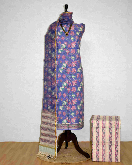 Blue-Purple Floral Hand Block Printed Cotton Suit With Kota Doria Dupatta