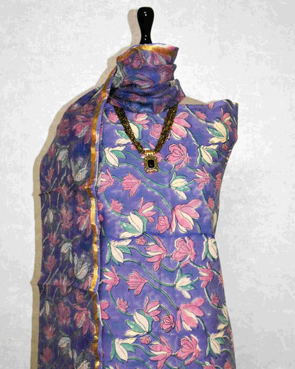 Blue-Purple Floral Hand Block Printed Cotton Suit With Kota Doria Dupatta