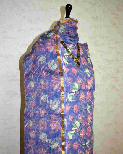 Blue-Purple Floral Hand Block Printed Cotton Suit With Kota Doria Dupatta