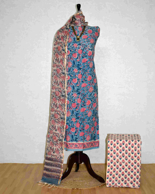 Blue All-over Floral Hand Block Printed Cotton Suit With Kota Doria Dupatta