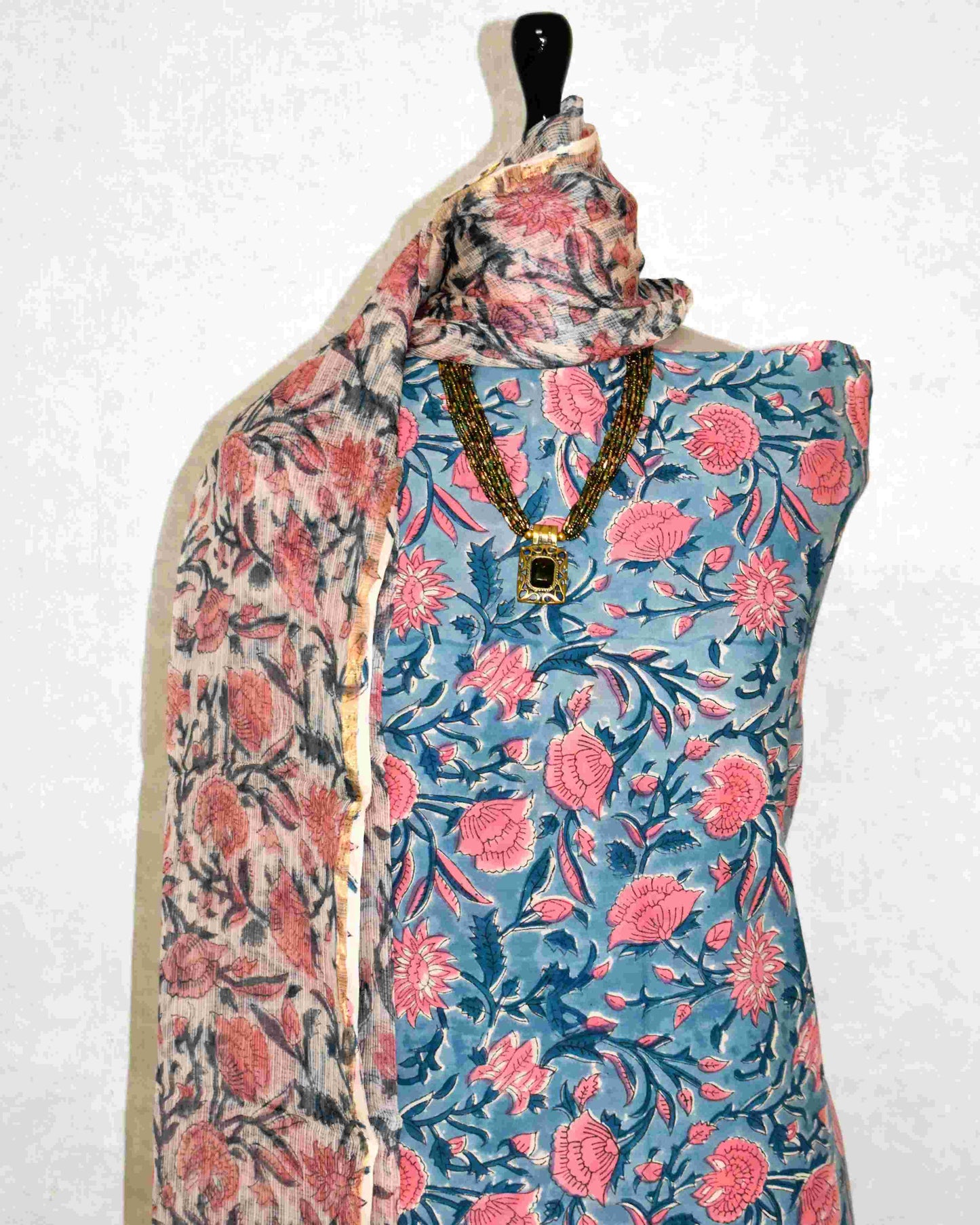 Blue All-over Floral Hand Block Printed Cotton Suit With Kota Doria Dupatta