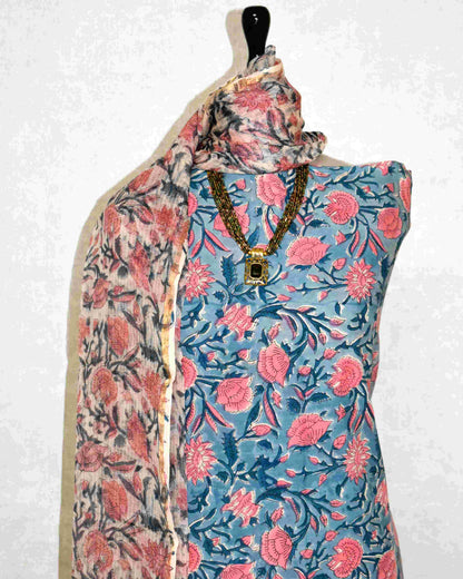 Blue All-over Floral Hand Block Printed Cotton Suit With Kota Doria Dupatta