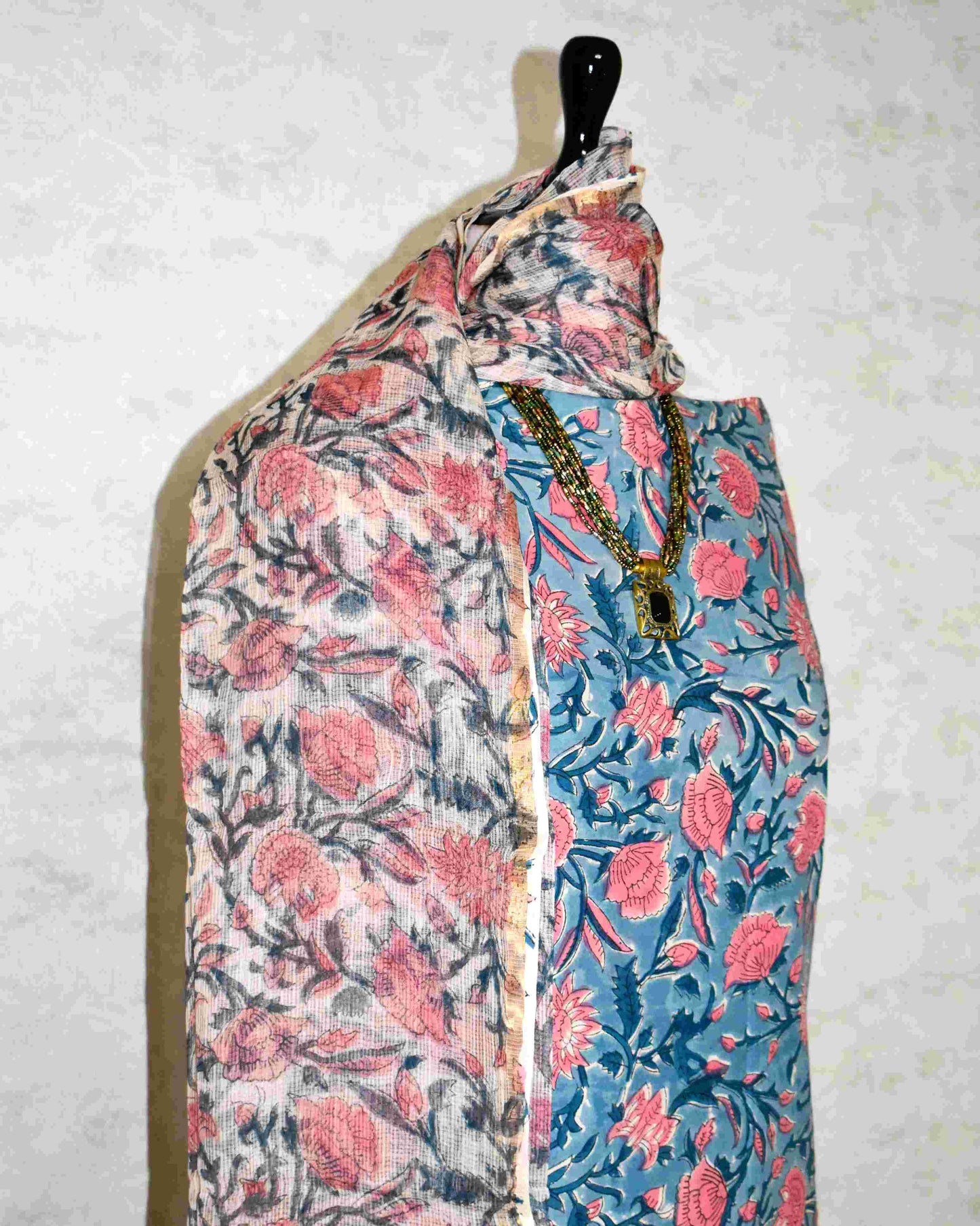 Blue All-over Floral Hand Block Printed Cotton Suit With Kota Doria Dupatta