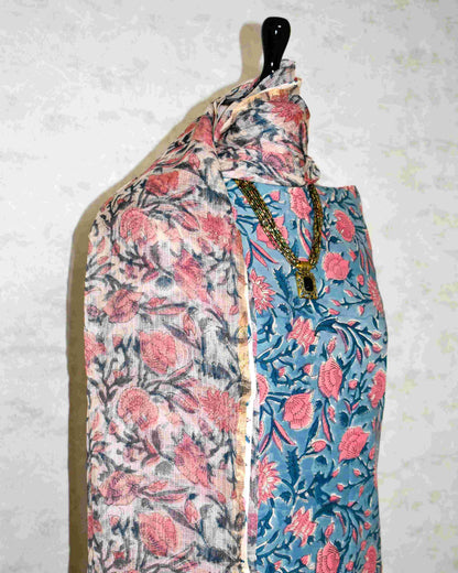 Blue All-over Floral Hand Block Printed Cotton Suit With Kota Doria Dupatta