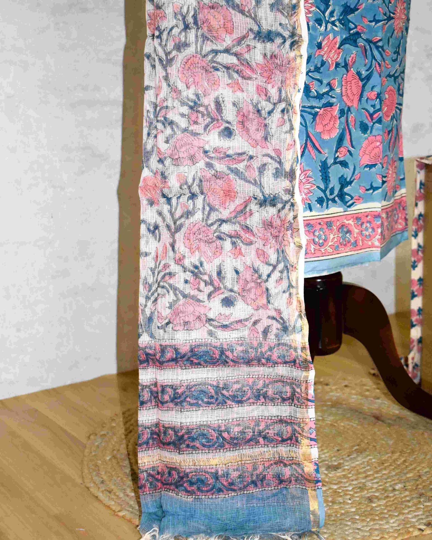 Blue All-over Floral Hand Block Printed Cotton Suit With Kota Doria Dupatta
