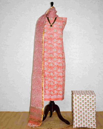 Peach All-over Floral Jaal Hand Block Printed Cotton Suit With Kota Doria Dupatta